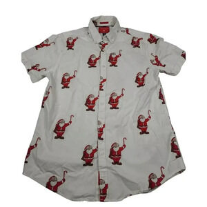 Men’s Denim and Flower Christmas Santa Short Sleeve Button Up Shirt Size Medium
